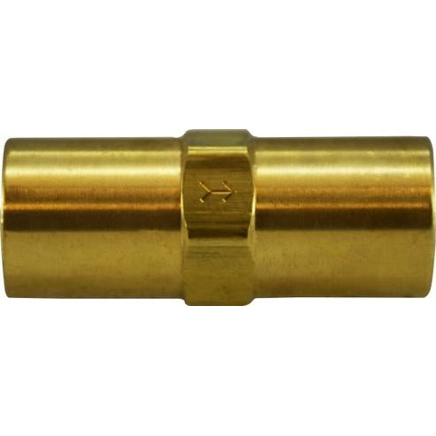 A gold-colored brass check valve with Viton seal, featuring a female-to-female connection and a small arrow on the side indicating the flow direction. - 1/4 Female-to-Female 500 PSI Check Valve with Viton