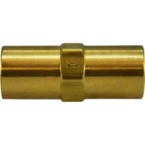 A gold-colored brass check valve with a Viton seal, featuring two female threaded ends. - 3/8 Female-to-Female 500 PSI Check Valve with Viton