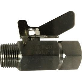 A miniature ball valve with a butterfly handle, made of stainless steel, showing the connection types and the compact body design. - 1/4 Male Iron Pipe x Female Iron Pipe Stainless Steel Miniature Ball Valve