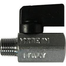A chrome mini ball valve with a black handle, showing the side view with the valve body and the threaded connection. - 1/4 Male x Female Chrome Mini Ball Valve