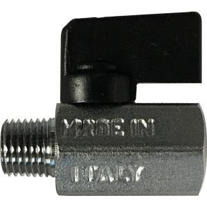 Chrome mini ball valve with a black handle - 1/2 Male x Female Chrome Mini Ball Valve