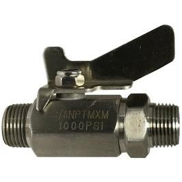A miniature ball valve with a butterfly handle, featuring Male Iron Pipe x Male Iron Pipe connection type, made of stainless steel. - 1/4 Male Iron Pipe x Male Iron Pipe Stainless Steel Miniature Ball Valve
