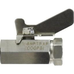 A stainless steel mini ball valve with a butterfly handle, FIP x FIP connection type, and a hexagonal shape. - 1/4 Female Iron Pipe Stainless Steel Mini Ball Valve