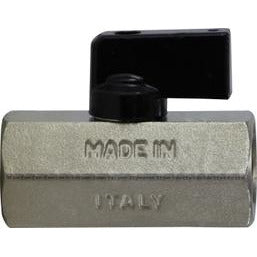 Chrome mini ball valve with a quarter-turn handle, made by Midland Industries - 1/2 Female x Female Chrome Mini Ball Valve