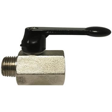 A miniature brass ball valve with a black plastic lever handle and Viton seals. - 1/4 Female x Male Mini Ball Valve Lever Handle with Viton Seals