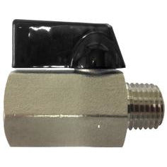A miniature ball valve with a stainless steel body and a black handle. - 1/4 Male x Female 316 Stainless Steel Miniature Ball Valve