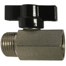 A miniature brass ball valve with a black T-handle and Viton seals, showing both the valve body and the handle. - 1/4 Female X Male Mini Ball Valve Tee Handle with Viton Seals