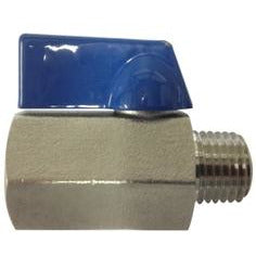 A miniature ball valve with a blue handle and 316 stainless steel body, showing both male and female thread connections. - 3/8 Male x Female 316 Stainless Steel Miniature Ball Valve