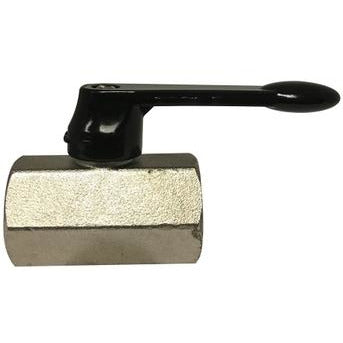 A miniature brass ball valve with a black lever handle and Viton seals, showing the valve body and handle in a vertical orientation. - 1/4 Female x Female Mini Ball Valve Lever Handle With Viton Seals
