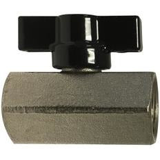 A chrome-plated mini ball valve with a black T-handle and Viton seals. - 1/4 Female x Female Mini Ball Valve Tee Handle with Viton Seals