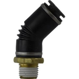 A black male iron pipe elbow with a 45-degree bend, featuring a push-fit connection on one side and a threaded connection on the other. - 3/8 X 1/8 Push-In X Male Iron Pipe 45 DOT Elbow Composite