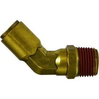 A 45° swivel elbow air brake fitting made of brass with a male iron pipe thread, designed for connecting OD nylon air brake tubing to a MIP thread. - 3/8 x 1/8 Push-In x Male Iron Pipe 45° Swivel DOT Elbow