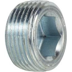 A silver-colored steel flush hollow hex plug with a 7/8 taper, showing the internal hexagonal shape and threaded exterior - 1/4 Flush Hollow Hex Plug with 7/8 Taper