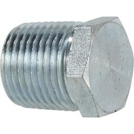 A silver-colored hex head plug with threaded connection. - 1 Hex Head Plug