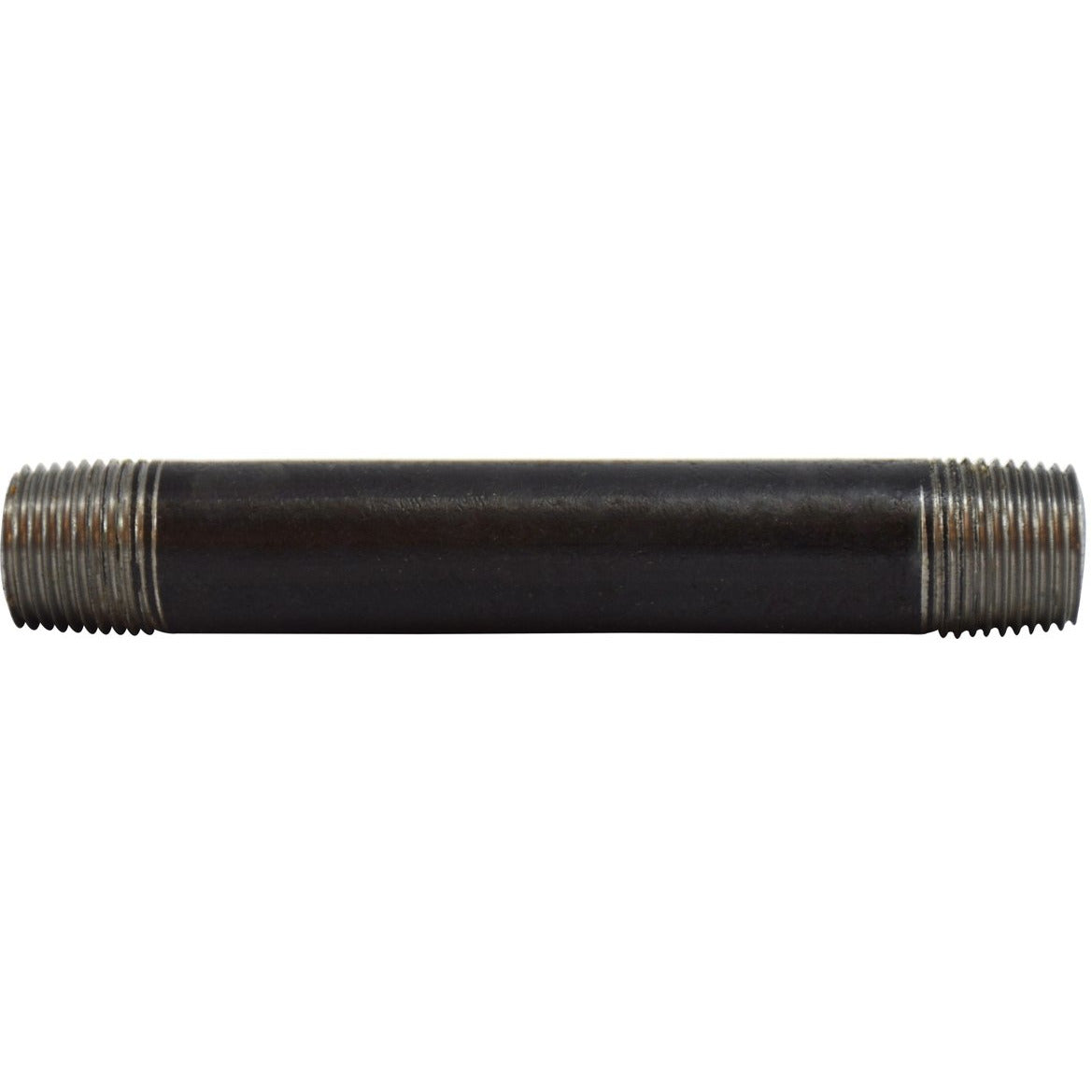 A black seamless steel nipple pipe fitting with threaded ends - 3/8 x 4 1/2 Schedule 80 Seamless Black Nipple