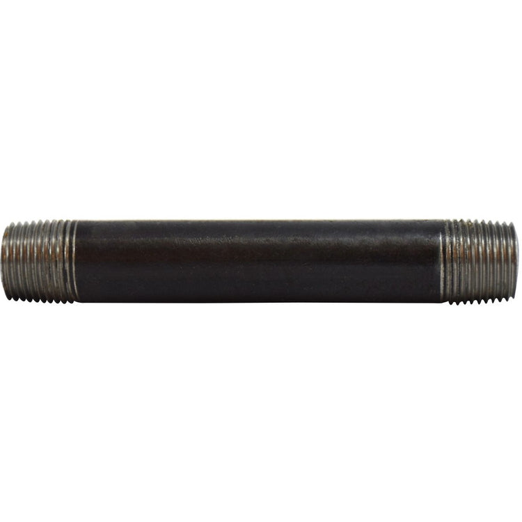 A black seamless steel nipple pipe fitting with threaded ends - 3/8 x 4 1/2 Schedule 80 Seamless Black Nipple