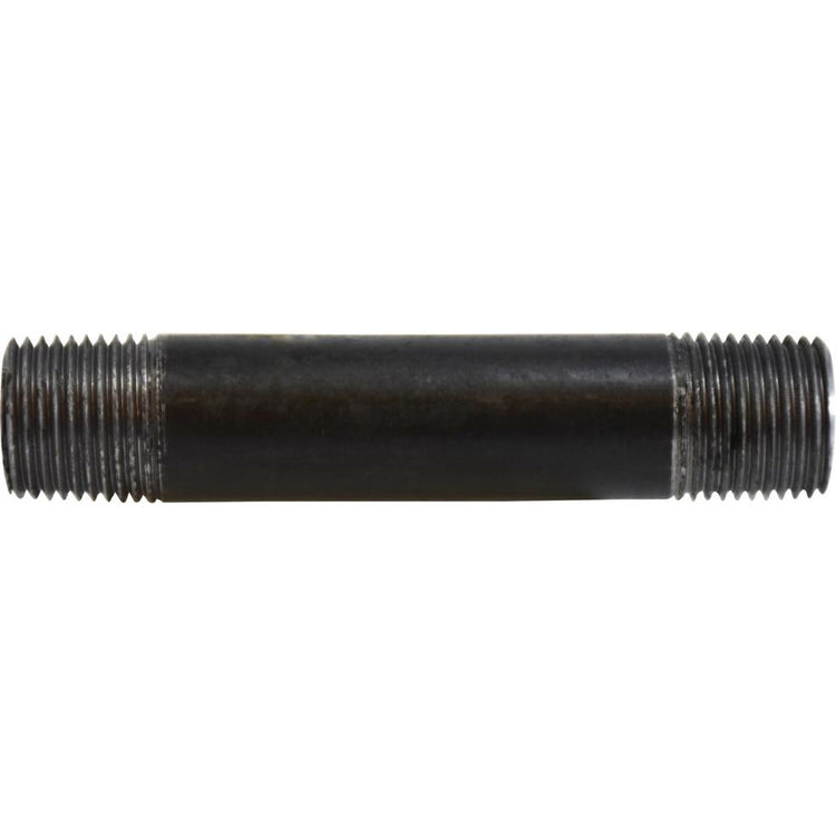 A black seamless nipple pipe fitting with threaded ends, schedule 80, made of steel - 1/2 x 12 Schedule 80 Seamless Black Nipple