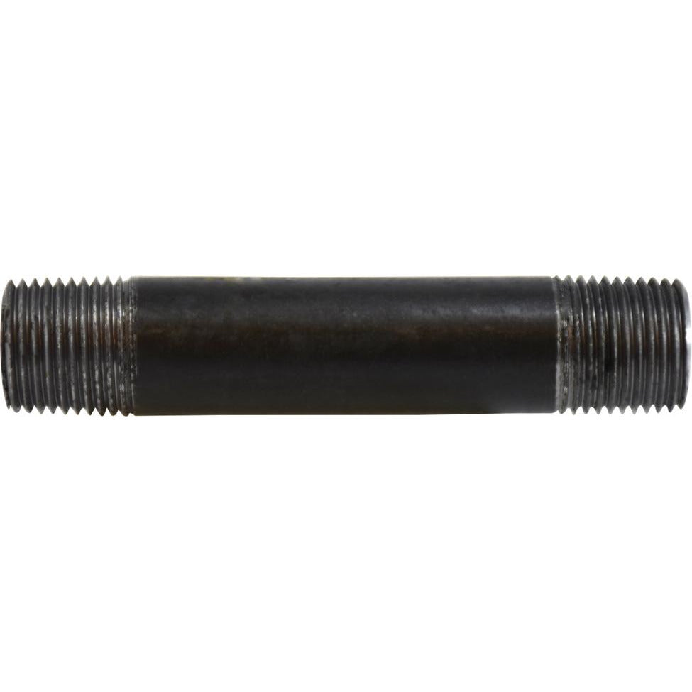 A black seamless nipple pipe fitting with threaded ends, 1/2 inch in diameter and 4 inches in length - 1/2 x 4 Schedule 80 Seamless Black Nipple