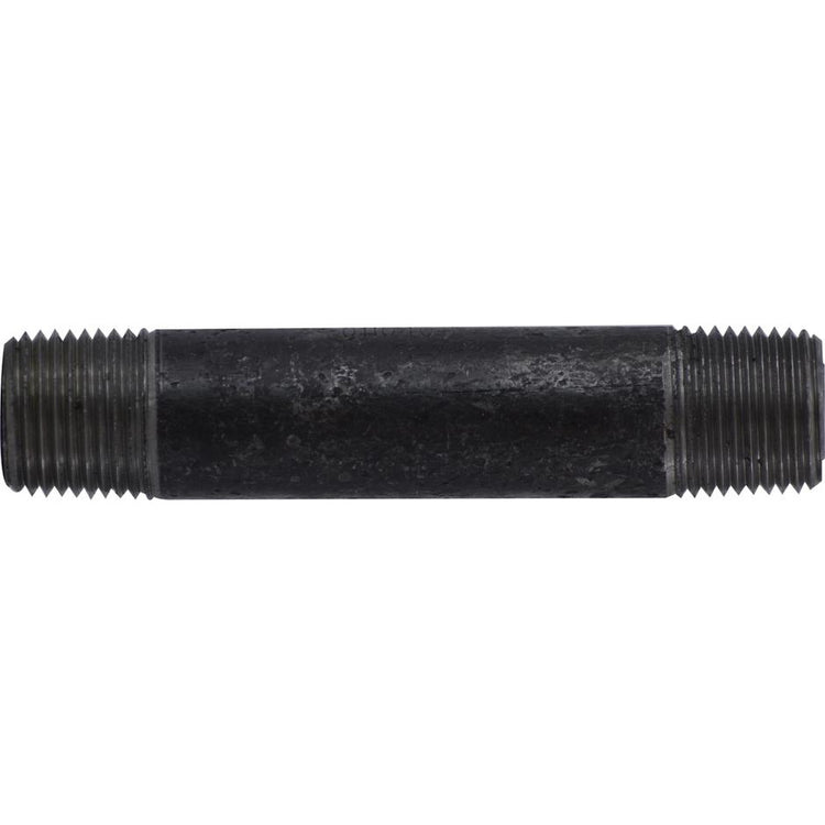 A black seamless steel nipple pipe fitting with threaded ends, 3/4 inch in diameter and 6 inches in length - 3/4 x 6 Double Extra Heavy Seamless Black Nipple
