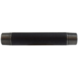A black seamless steel nipple pipe fitting with threaded ends - 3/4 x 9 Schedule 80 Seamless Black Nipple