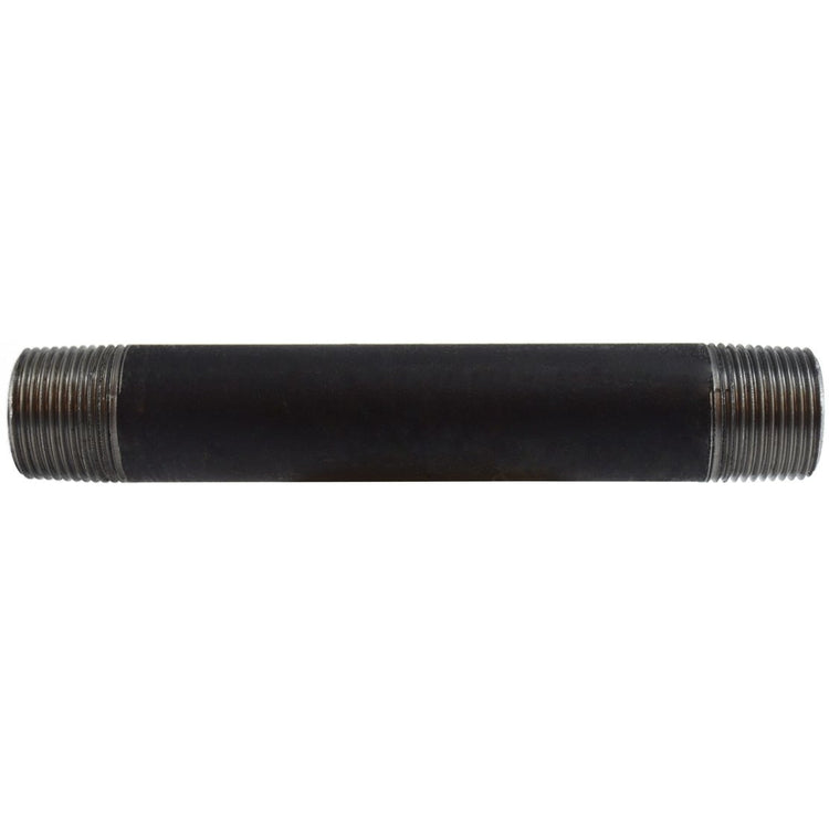 A black seamless steel nipple pipe fitting with threaded ends - 3/4 x 9 Schedule 80 Seamless Black Nipple