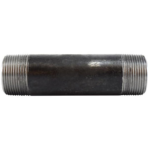 A black seamless steel nipple pipe fitting with threaded ends, against a white background. - 1-1/4 x Close Schedule 80 Seamless Black Nipple
