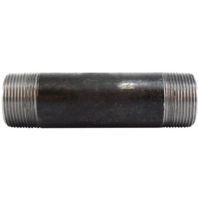 A black seamless nipple pipe fitting with threaded ends, designed for industrial use. - 1-1/4 x 3 Schedule 80 Seamless Black Nipple