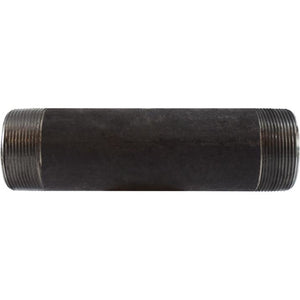 A black seamless black nipple pipe fitting with threaded ends, marked with dimensions and connection sizes. - 2 x 8 Schedule 80 Seamless Black Nipple