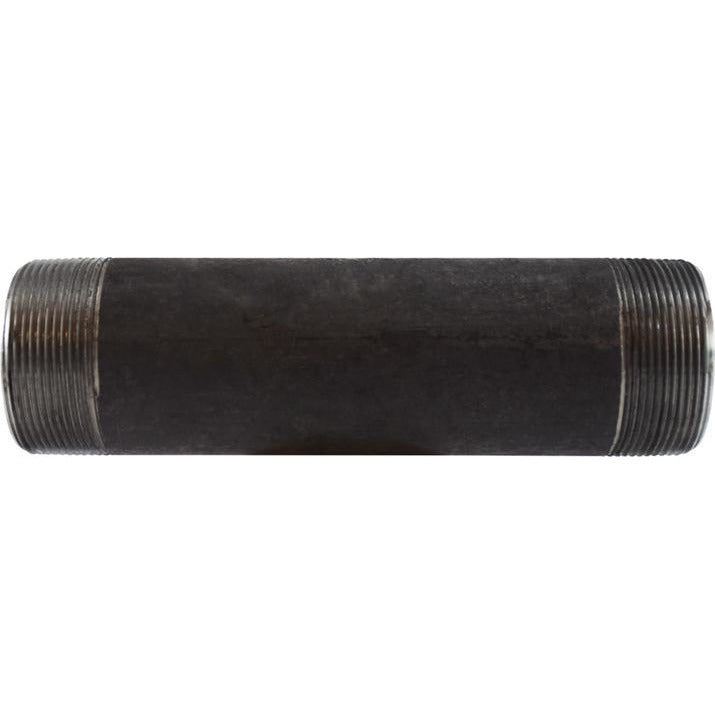 A black seamless black nipple pipe fitting with threaded ends, marked with dimensions and connection sizes. - 2 x 8 Schedule 80 Seamless Black Nipple