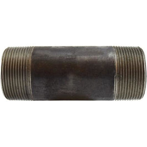 A black seamless black nipple pipe fitting with threaded ends, made of steel. - 2 1/2 x 5 Schedule 80 Seamless Black Nipple