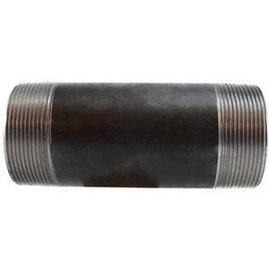 A black seamless black nipple pipe fitting with threaded ends. - 3 x 12 Schedule 80 Seamless Black Nipple