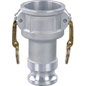 An aluminum reducer coupler, typically used in plumbing, showcasing a metallic finish with one end having a cam and groove connection - 1-1/2 x 2 Part D Aluminum Reducer Coupler