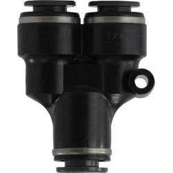 A black push-in Y composite fitting typically used in pneumatic systems. - 1/4 X 3/8 Push-In Y Composite