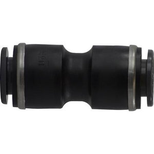 A black DOT Push-In Union Composite fitting, designed for transportation and automotive air systems. - 5/32 D.O.T. Push-In Union Composite