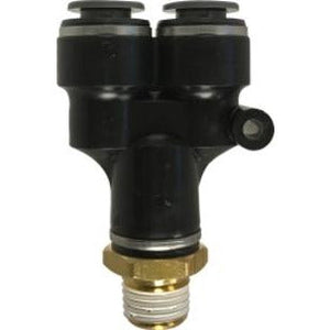 A black male branch Y composite fitting with a brass-colored male NPT thread on one end and push-fit connections on the other two ends. - 3/8 X 1/4 Male Branch Y Composite