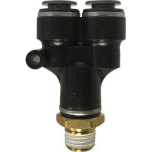 A black male branch Y composite fitting with a brass-colored male NPT thread on one end and push-fit connections on the other two ends. - 3/8 X 3/8 Male Branch Y Composite