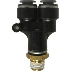 A black male branch y composite fitting with a brass-colored male NPT thread on one end and push-fit connections on the other two ends. - 1/2 X 1/2 Male Branch Y Composite