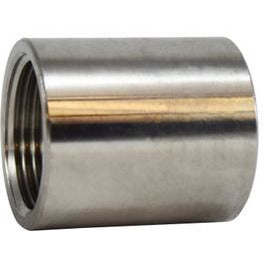 A stainless steel outside diameter machine coupling with threaded ends.