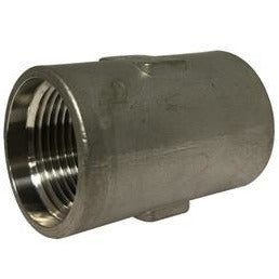 A stainless steel drop coupling pipe fitting with threaded connections.