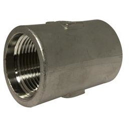 A stainless steel heavy walled drop coupling of 1-1/2 size.