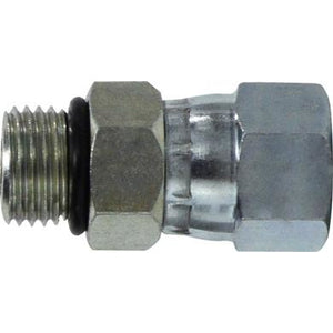 Steel swivel adapter with 9/16-18 male O-ring boss to female Industry Council joint — 9/16-18 x 9/16-18 Male O-Ring Boss x Female Joint Industry Council Swivel Adapter Steel