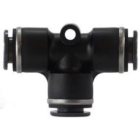 A black D.O.T. Union Tee Composite fitting with push-fit connections for pneumatic systems. - 5/8 D.O.T. Push-In Union Tee Composite
