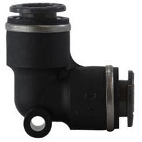 A black D.O.T. Push-In Union Elbow Composite fitting typically used in pneumatic systems. - 3/8 D.O.T. Push-In Union Elbow Composite