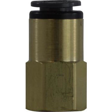 A gold-colored female iron pipe adapter with a push-fit connection. - 1/4 X 3/8 Push-In X Female Iron Pipe DOT Adapter Composite