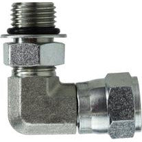 90° elbow adapter with 7/16-20 male ORB thread and female JIC swivel connection 7/16-20 Male O-Ring Boss x Female Joint Industry Council Swivel 90° Elbow