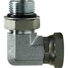 A 90-degree elbow mechanical fitting with male ORB and female NPSM connection types, made of steel - 7/8-14 x 1/2 Male O-Ring Boss x Female National Pipe Straight Mechanical 90° Elbow