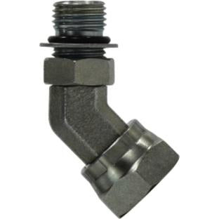 A black steel 45° swivel adapter with male ORB and female NPSM connections for hydraulic systems - 7/16-20 x 3/8 Male O-Ring Boss x Female National Pipe Straight Mechanical 45° Swivel Adapter