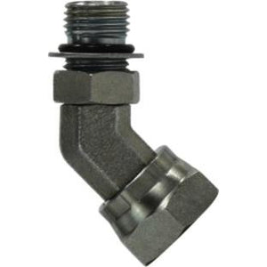 A black steel 45° swivel adapter with male ORB and female NPSM connections for hydraulic systems - 7/16-20 x 3/8 Male O-Ring Boss x Female National Pipe Straight Mechanical 45° Swivel Adapter