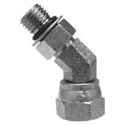 A 45-degree swivel adapter with male ORB and female NPS connections - 3/4-16 x 1/4 Male O-Ring Boss x Female National Pipe Straight 45° Swivel Adapter