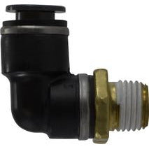 A black male iron pipe elbow fitting with a push-fit connection on one end and a threaded connection on the other - 3/8 X 1/8 Push-In X Male Iron Pipe DOT Elbow Composite